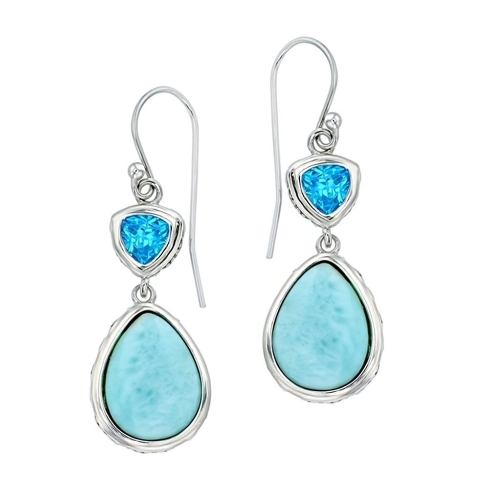 925 Sterling Silver Larimar Teardrop w Aqua CZ Trillion Wire Drop Earrings